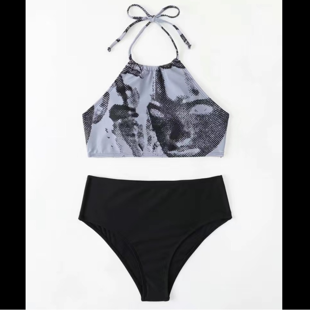 Women's Halter Neck Variety Retro Stripes Print Split Swimsuit Bathing Suits - Picture 3 of 5